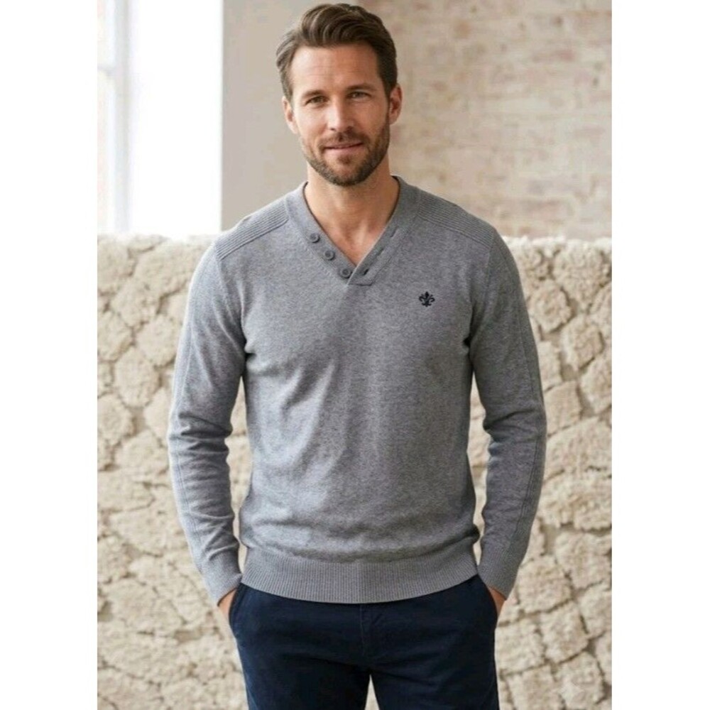 Kurt Muller Gray Knit Sweater Ribbed Trim V Neck Long Sleeve Cotton